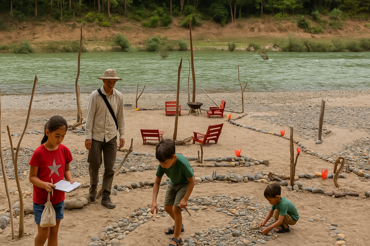 Children on a nature scavenger hunt on the River Beach (AI image made from a real Namkhan photo)