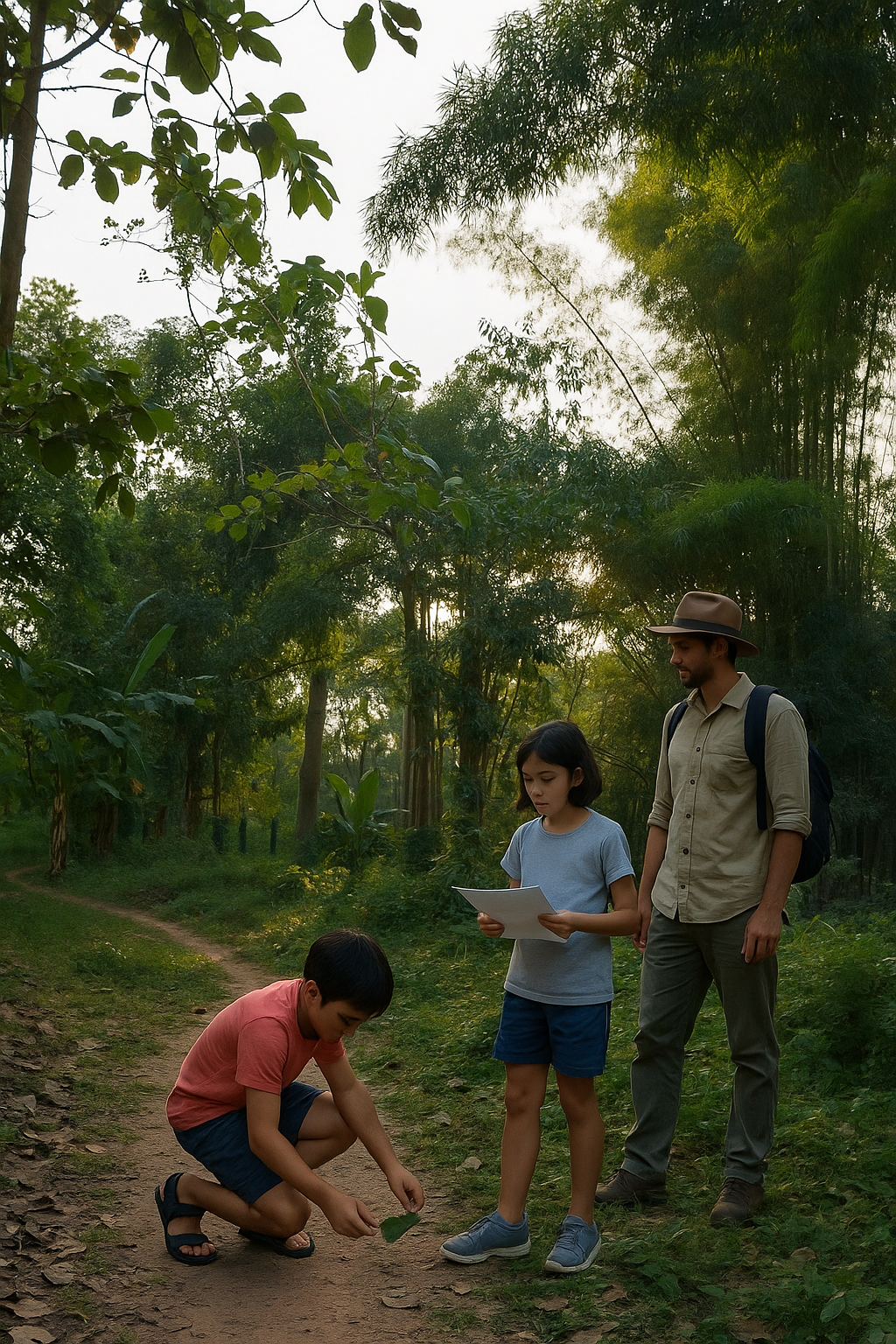 Two children with a checklist picking up a leaf on a forest path while a guide watches (AI image made from a real Namkhan photo)