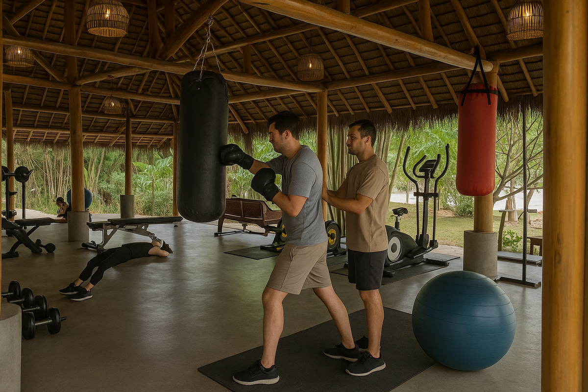 A guest doing a boxing session with a trainer in the outdoor gym. (AI image made from a real Namkhan photo)