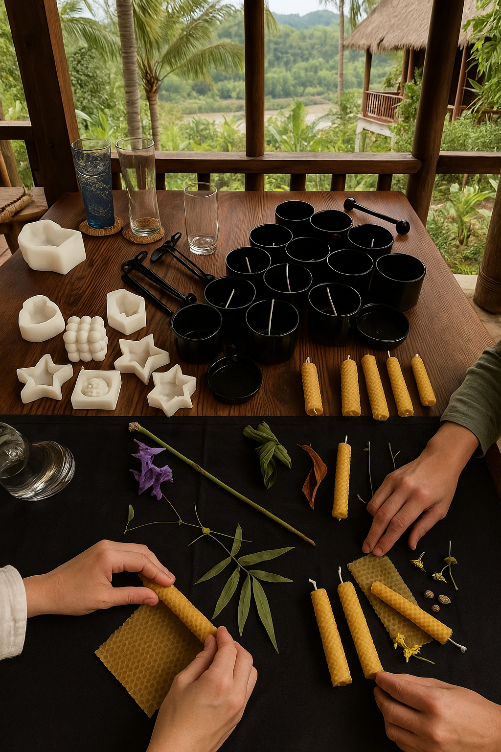 Hands rolling natural beeswax sheets into candles at a candle-making table. (AI image made from a real Namkhan photo)