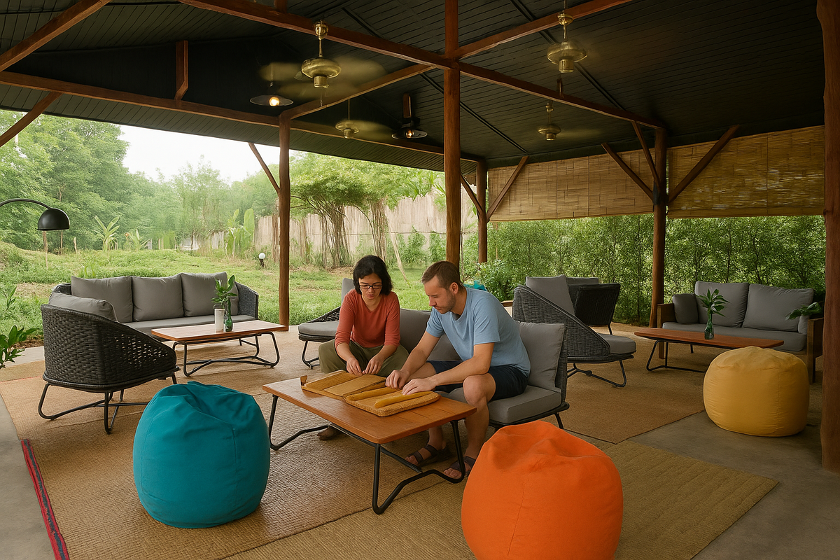 Two guests rolling beeswax candles at a low table in an open-air lounge. (AI image made from a real Namkhan photo)
