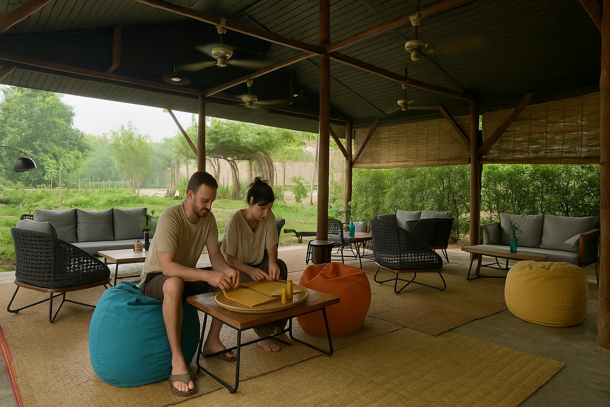 Two guests rolling beeswax sheets into candles from a woven tray in an open-air lounge. (AI image made from a real Namkhan photo)