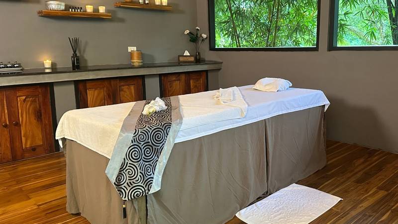 Serene spa treatment room at The Namkhan in Luang Prabang featuring massage table, natural wood cabinetry, and bamboo garden views through large windows.