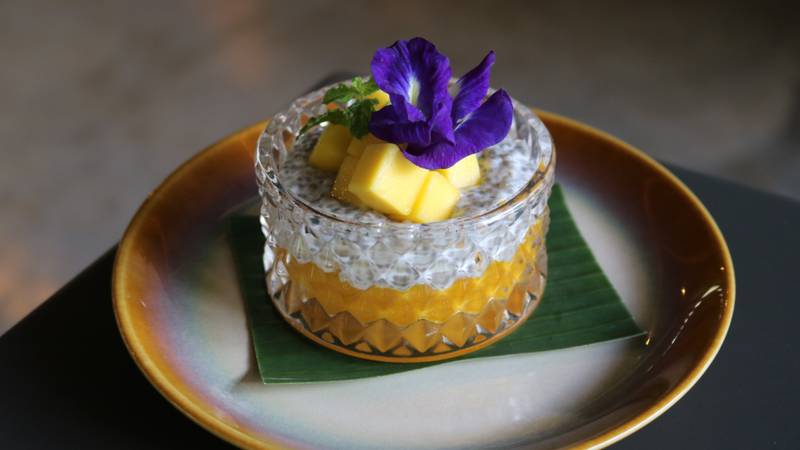 Mango and coconut chia pudding in a crystal glass on a banana leaf with butterfly pea flower