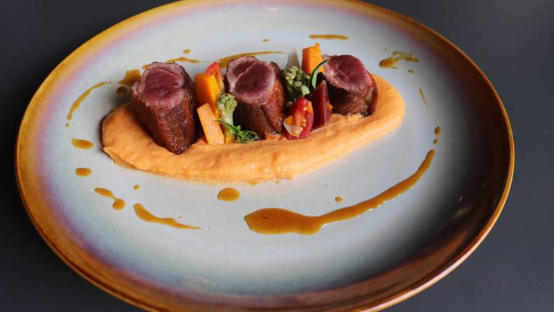 Three perfectly seared duck breast medallions with vibrant seasonal vegetables and golden sauce on artisan ceramic plate at Namkhan