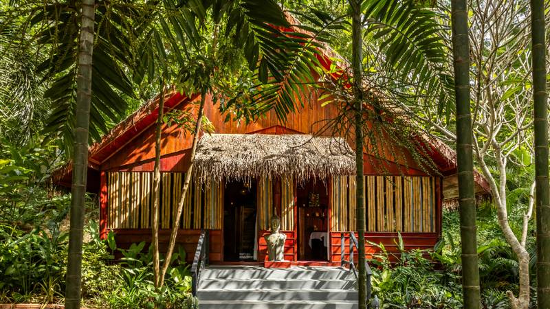 A thatched-roof timber spa pavilion surrounded by dense tropical foliage and palm trees.