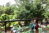 Private terrace at The Namkhan in Luang Prabang with wine service, overlooking lush tropical canopy and resort grounds below