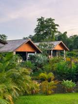 Traditional wooden villa with peaked roofs nestled in lush tropical gardens featuring palms and banana plants at golden hour