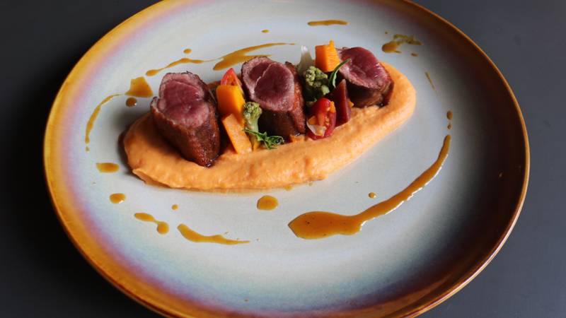 Plated fine dining entrée featuring seared duck breast with vibrant root vegetables on sweet potato purée, artfully presented on ceramic plate