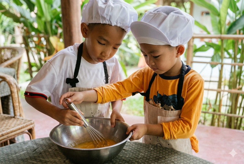 Two children in chef hats whisking ingredients during a hands-on cooking class at The Namkhan resort in Luang Prabang, Laos